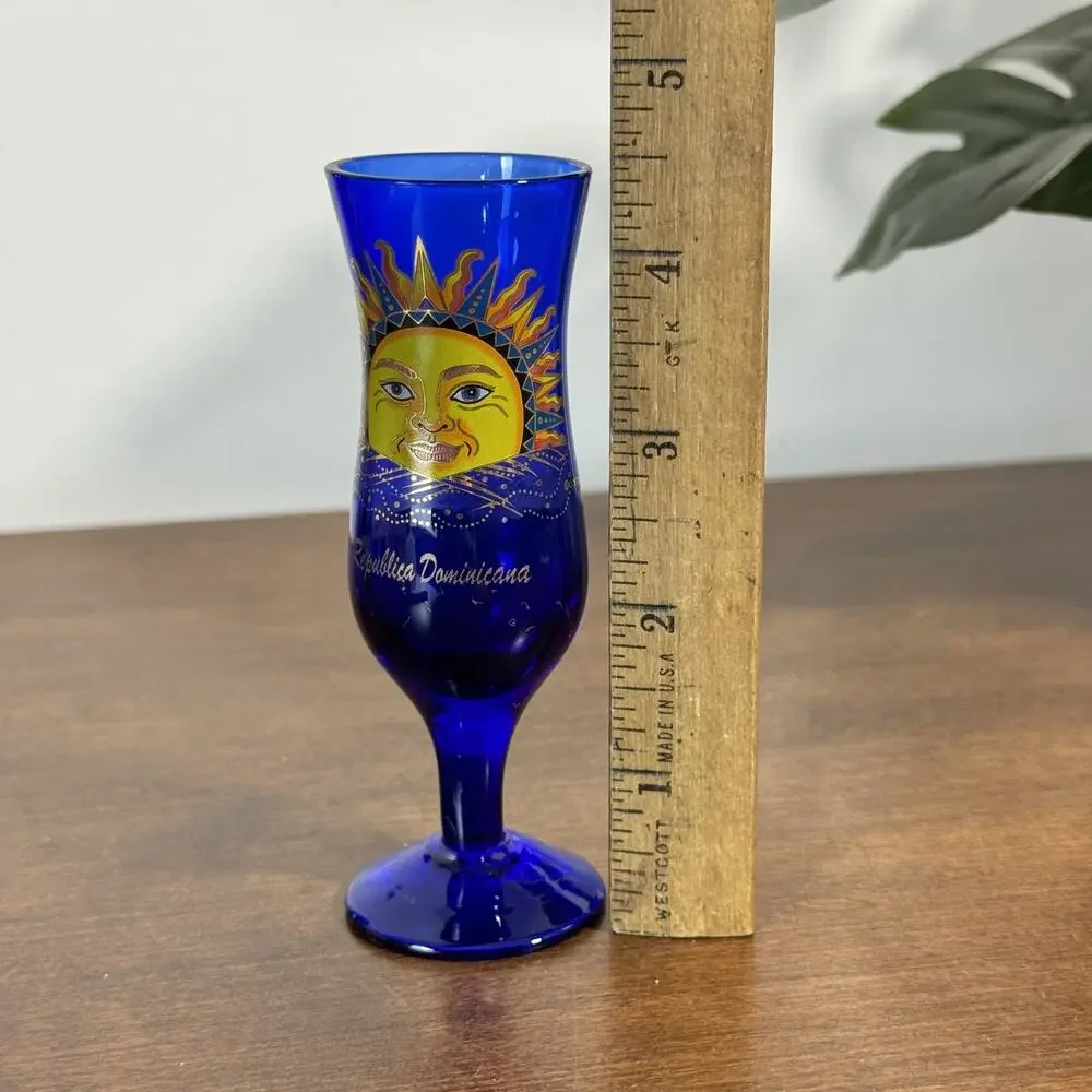 Cobalt Blue Glass Vase Souvenir Sun Face Hand Painted 4.5